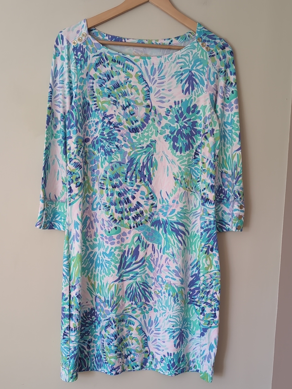 Lilly Pulitzer UPF 50+ Sophie 3/4 Sleeve Dress Shell of a Party Print Medium